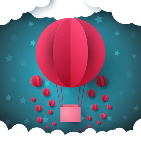 Cercle rouge, montgolfière. Illustration de papier ciel. vecteur