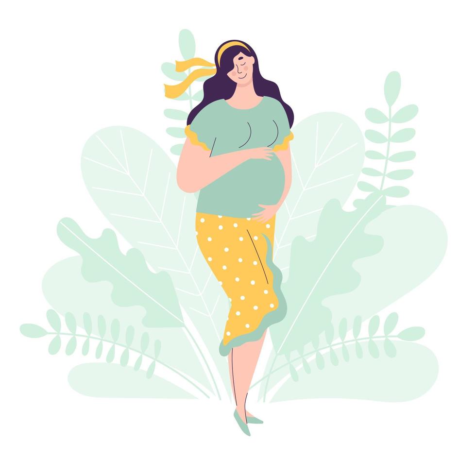 belle femme enceinte en pleine croissance tient les mains sur son ventre. illustration vectorielle douce d'un personnage féminin. le concept d'attendre un bébé, la grossesse, la maternité. vecteur