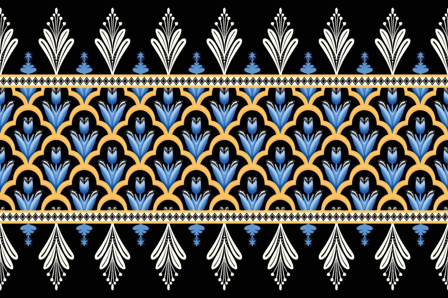 fleur bleue sur fond noir, blanc, jaune géométrique ethnique motif oriental design traditionnel pour le fond tapis papier peint vêtements emballage batik tissu illustration vectorielle style de broderie vecteur
