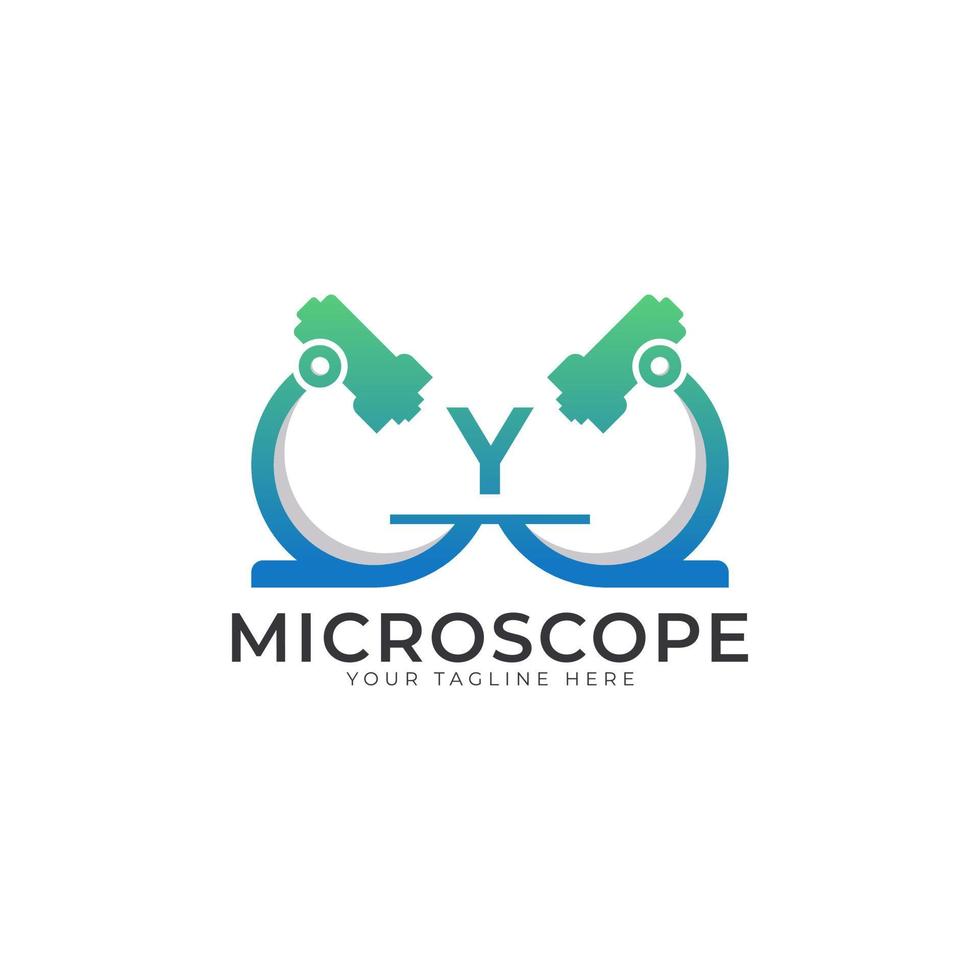 logo du laboratoire. lettre initiale y élément de modèle de conception de logo de microscope. vecteur