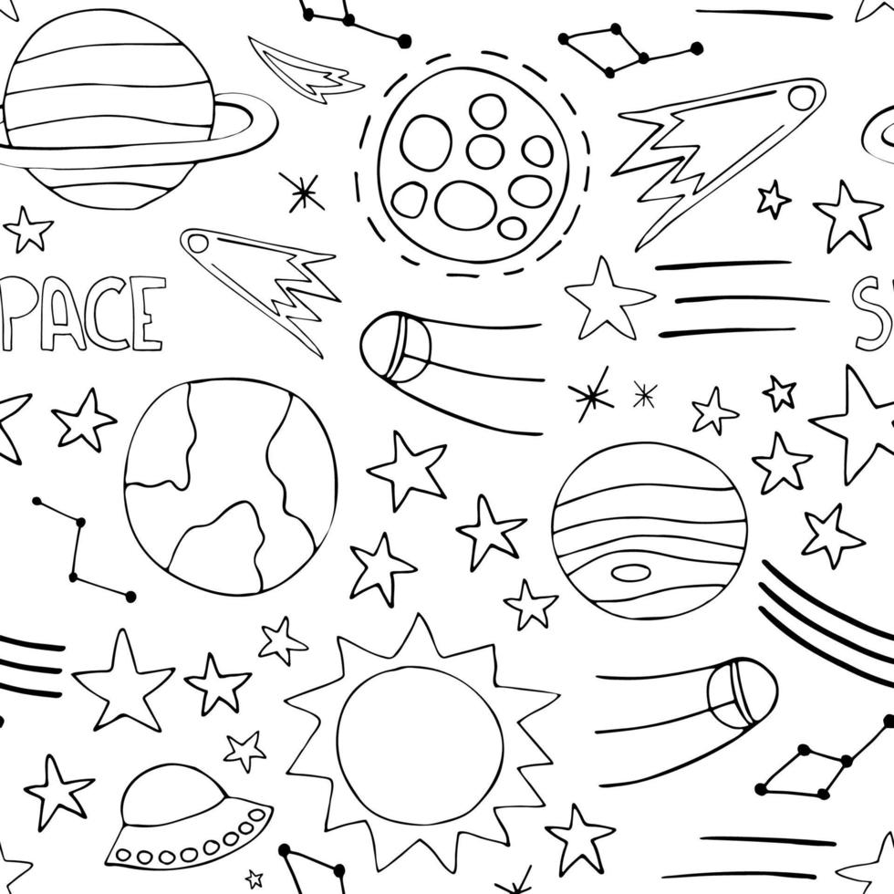 espace planètes astéroïdes fusée ufo météorite étoiles ciel nocturne. modèle sans couture de vecteur. vol spatial. illustration dans le style de griffonnage. pour l'impression sur papier tissu médias sociaux post bannière web vecteur