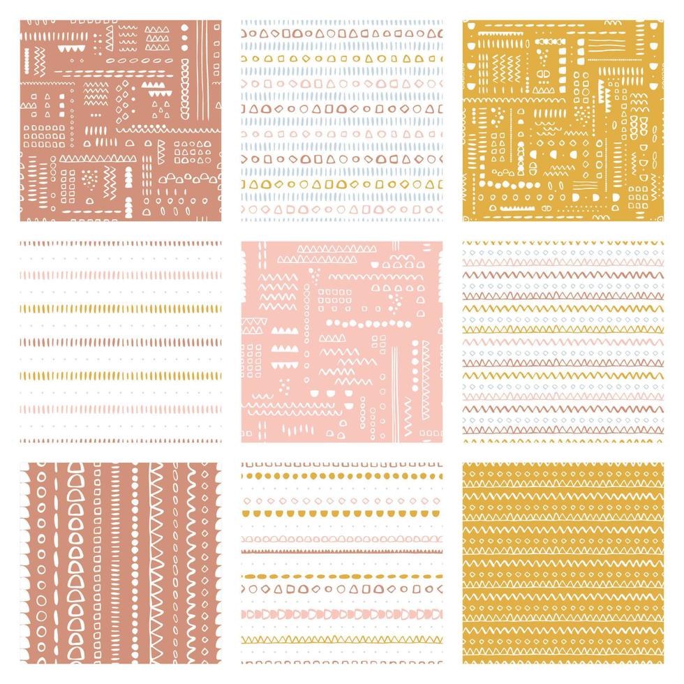 pack de motifs vectoriels sans couture ensemble d'arrière-plans de surface enfantins couleurs personnalisées à la mode thème hipster de l'enfance, pack de motifs abstraits géométriques de style scandinave pour l'impression sur papier et tissu. vecteur