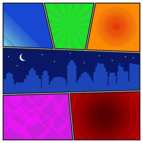 Modèle de page de bande dessinée avec arrière-plans radiaux et silhouette de ville de nuit vecteur