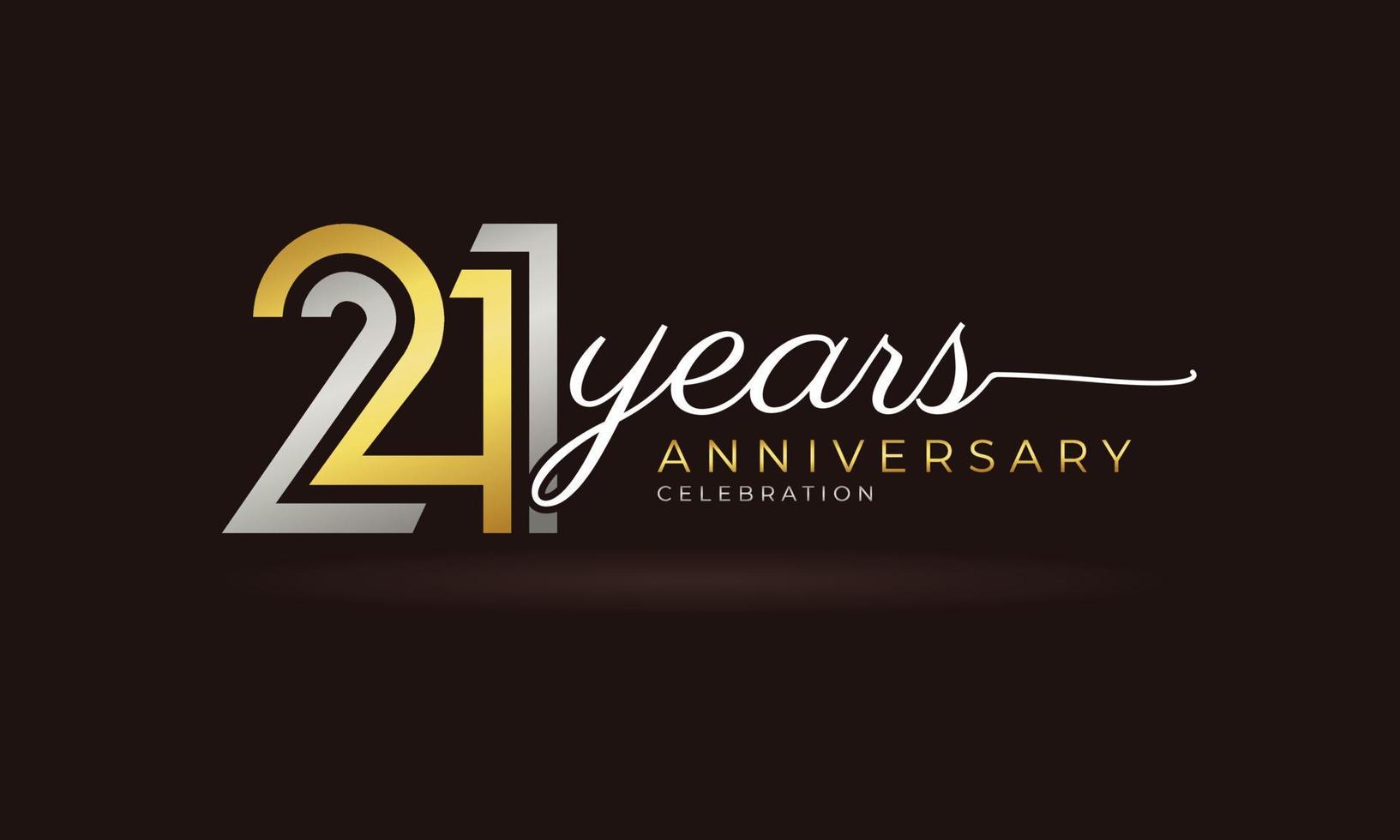 Logotype de célébration d'anniversaire de 21 ans avec plusieurs lignes liées couleur argent et or pour l'événement de célébration, le mariage, la carte de voeux et l'invitation isolée sur fond sombre vecteur