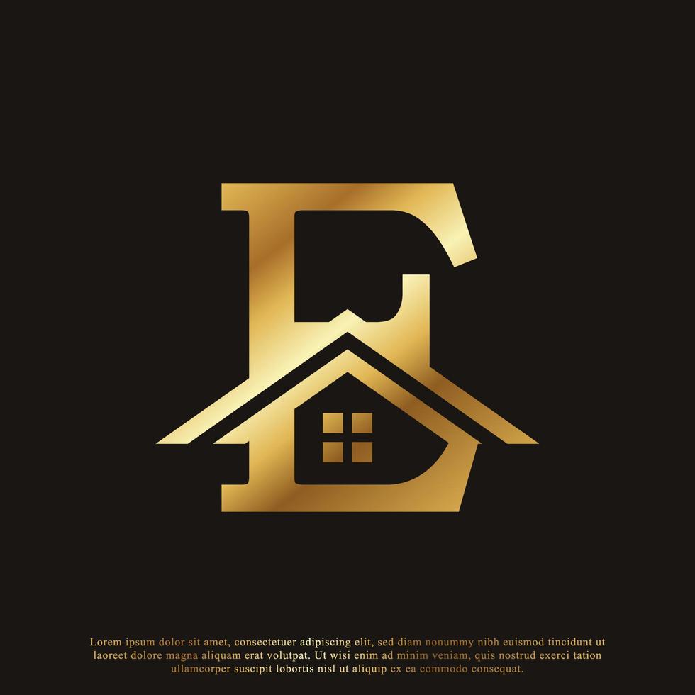 lettre initiale e accueil maison création de logo doré. concept de logo immobilier. illustration vectorielle vecteur