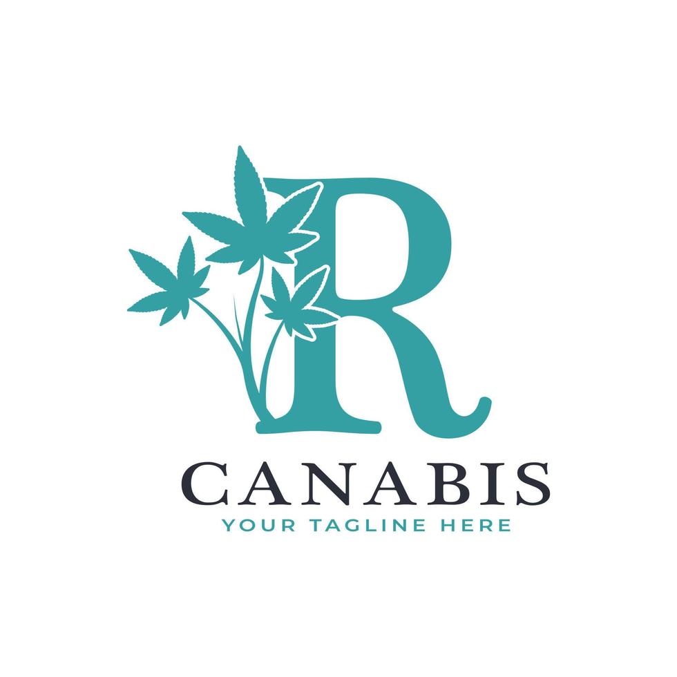 lettre r alphabet logo canabis vert avec feuille de marijuana médicale. utilisable pour les logos commerciaux, scientifiques, de santé, médicaux et naturels. vecteur