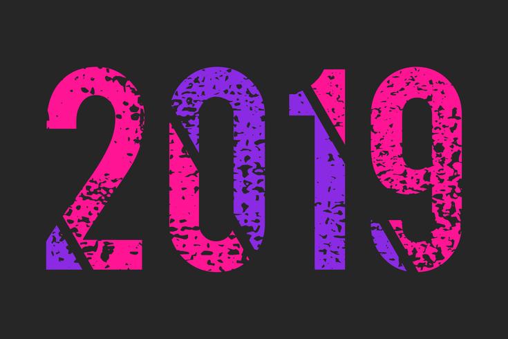 Résumé numéro 2019 style grunge, couleurs roses et violettes à la mode vecteur