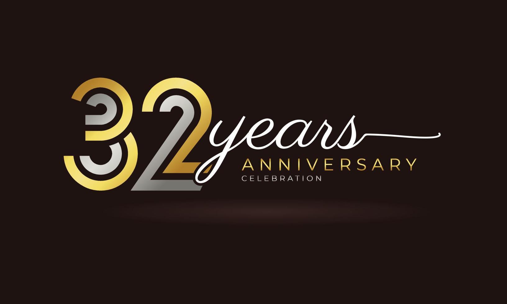 Logotype de célébration d'anniversaire de 32 ans avec plusieurs lignes liées couleur argent et or pour l'événement de célébration, le mariage, la carte de voeux et l'invitation isolée sur fond sombre vecteur