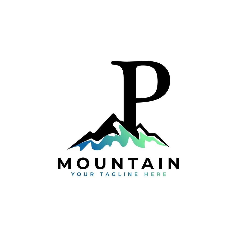 lettre initiale p logo de montagne. explorez l'élément de modèle de logo d'entreprise de symbole d'aventure de montagne. vecteur