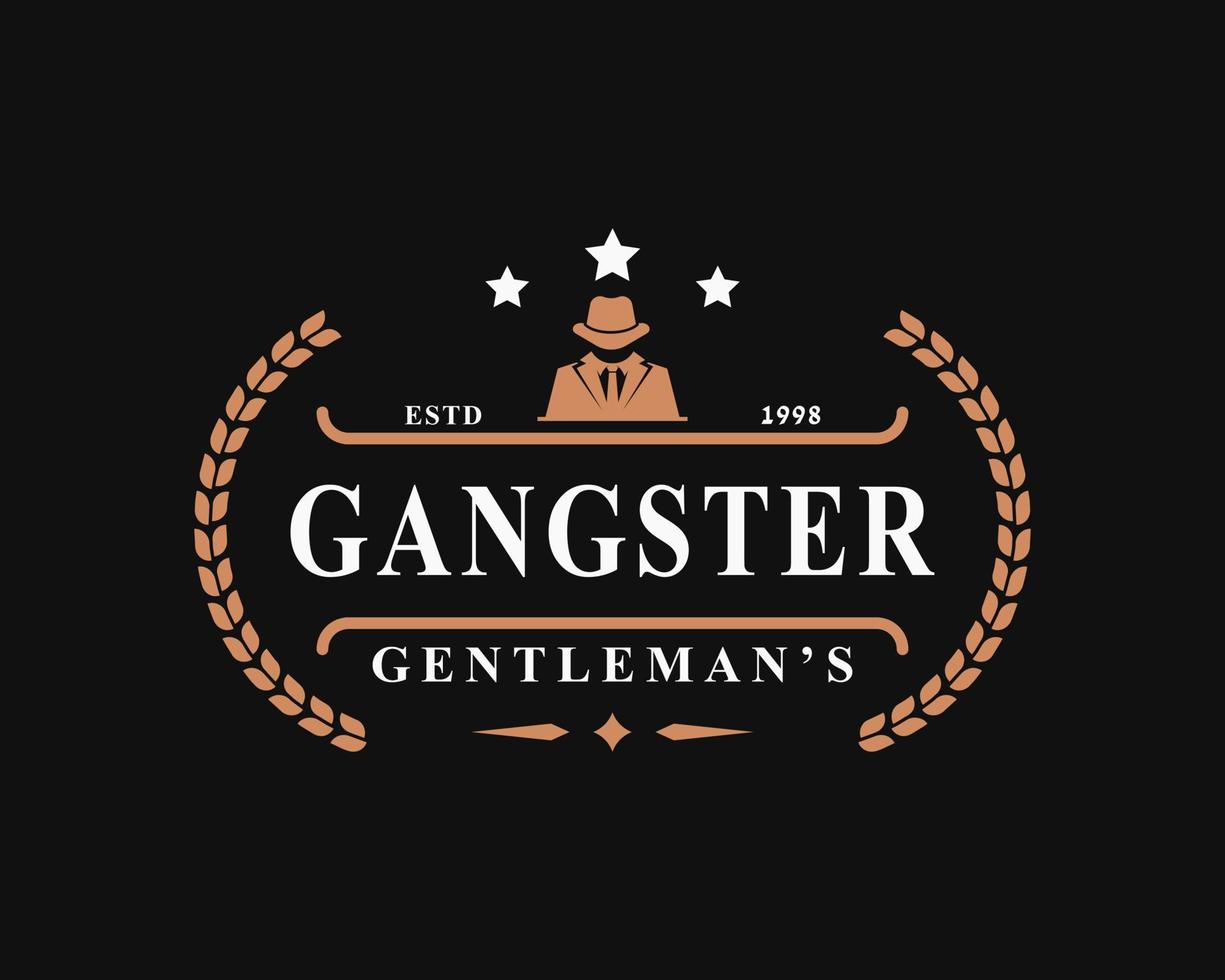 insigne rétro vintage pour les gangsters et l'homme de la mafia en costume noir symbole de conception d'emblème de logo vecteur