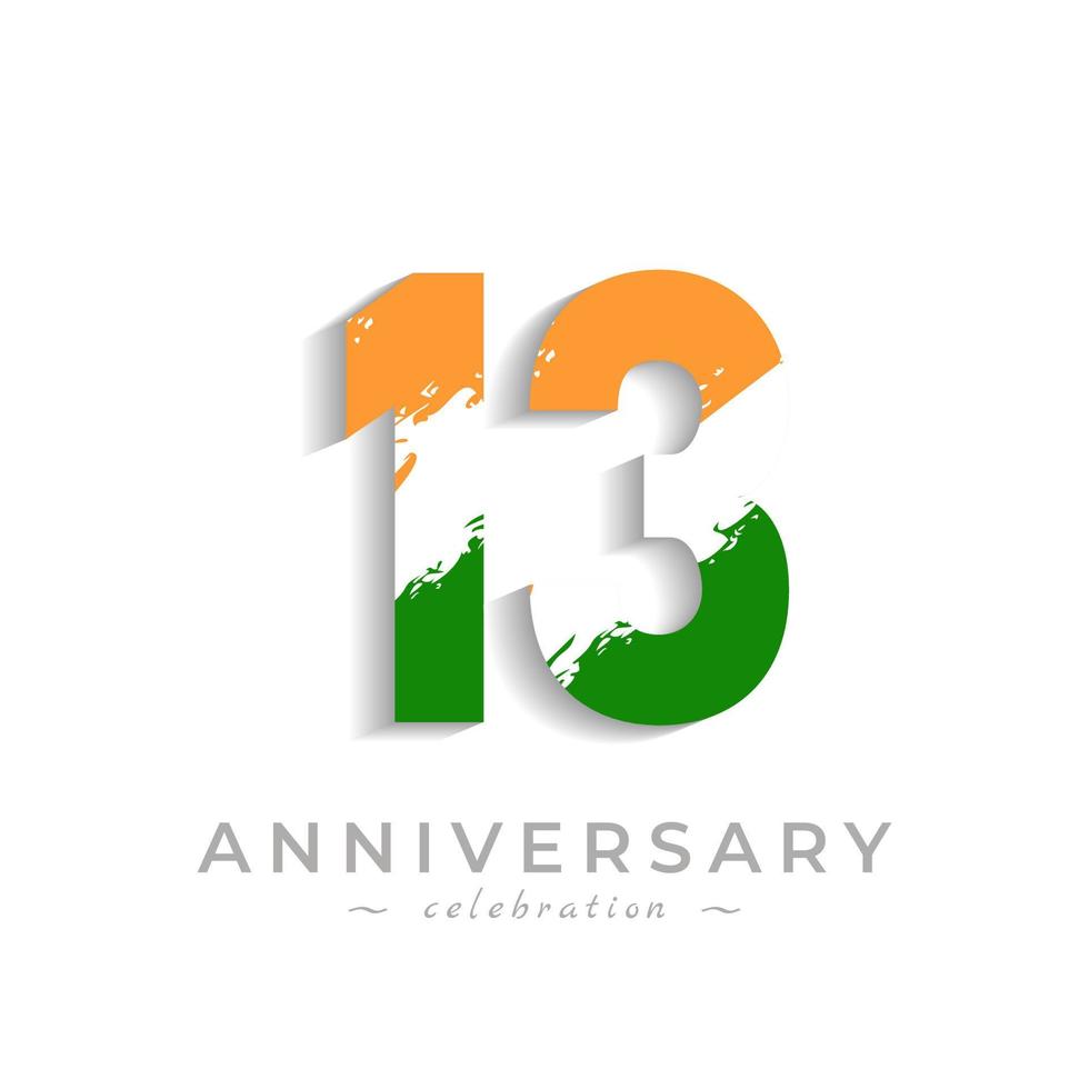 Célébration du 13e anniversaire avec une brosse blanche en safran jaune et couleur verte du drapeau indien. joyeux anniversaire salutation célèbre l'événement isolé sur fond blanc vecteur
