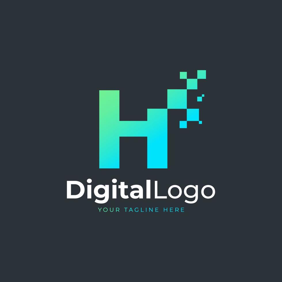 logo de la lettre technique h. forme géométrique bleue et verte avec des points de pixel carrés. utilisable pour les logos commerciaux et technologiques. élément de modèle d'idées de conception. vecteur