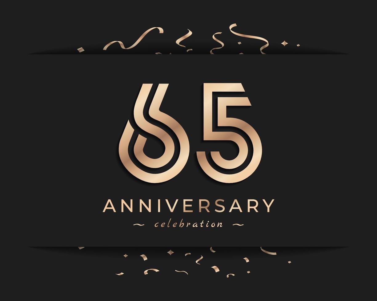 Conception de style de logo de célébration d'anniversaire de 65 ans. joyeux anniversaire salutation célèbre l'événement avec une ligne multiple dorée et des confettis isolés sur une illustration de conception de fond sombre vecteur