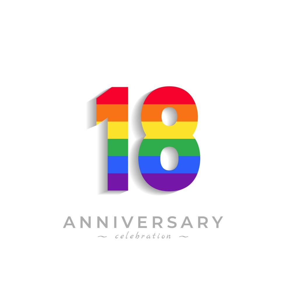 Célébration de l'anniversaire de 18 ans avec couleur arc-en-ciel pour l'événement de célébration, le mariage, la carte de voeux et l'invitation isolés sur fond blanc vecteur