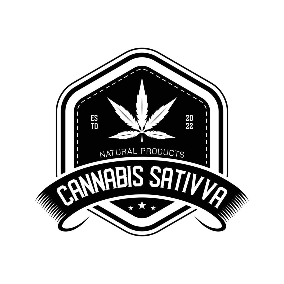 logo d'illustration vectorielle canabis, création de t-shirt et logo de boutique, création de logo vintage feuille de cannabis, badge médical vecteur