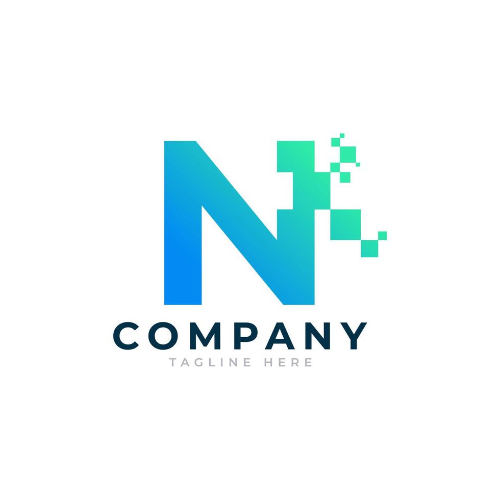 lettre technique n logo. forme géométrique bleue et verte avec des points de pixel carrés. utilisable pour les logos commerciaux et technologiques. élément de modèle d'idées de conception. vecteur