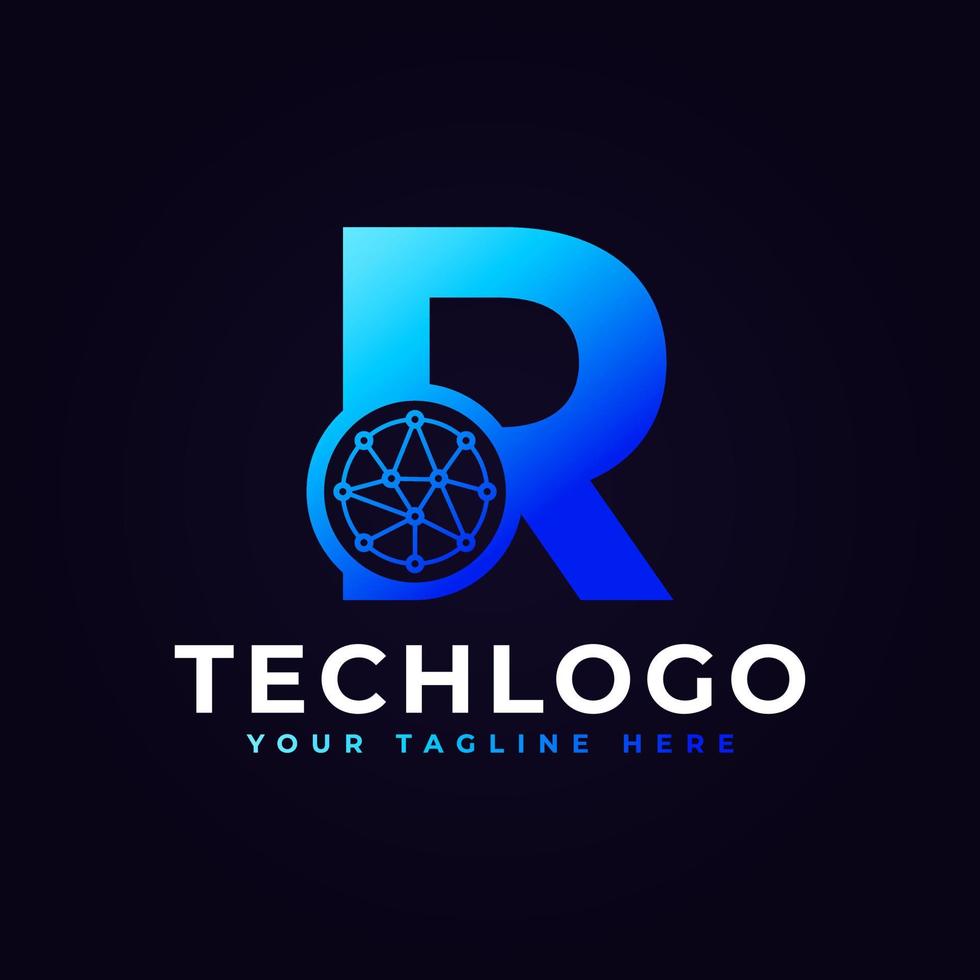 logo de la lettre technique r. forme géométrique bleue avec cercle de points connecté en tant que vecteur de logo de réseau. utilisable pour les logos commerciaux et technologiques.