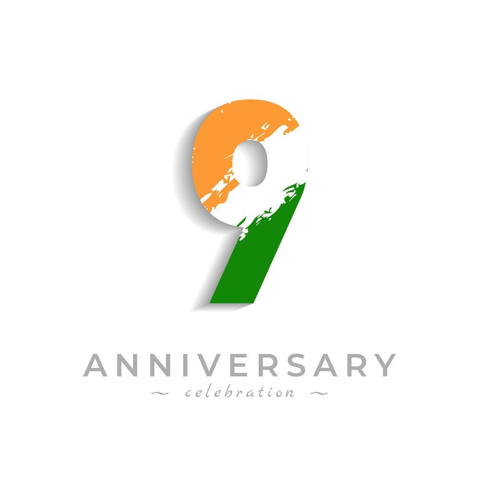 Célébration du 9e anniversaire avec une barre oblique blanche en safran jaune et couleur verte du drapeau indien. joyeux anniversaire salutation célèbre l'événement isolé sur fond blanc vecteur