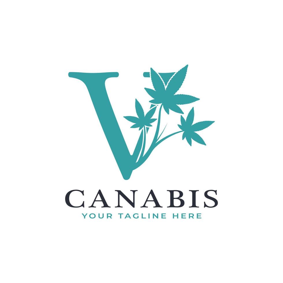 lettre v alphabet logo canabis vert avec feuille de marijuana médicale. utilisable pour les logos commerciaux, scientifiques, de santé, médicaux et naturels. vecteur