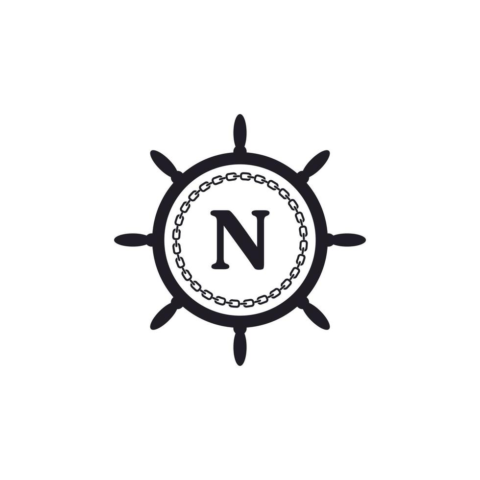 lettre n à l'intérieur du volant du navire et de l'icône de la chaîne circulaire pour l'inspiration du logo nautique vecteur