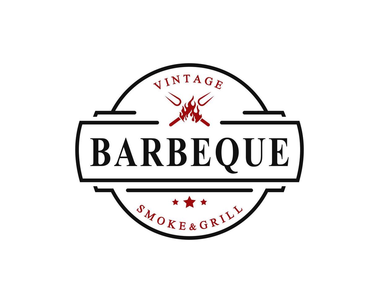 insigne rétro vintage pour grill barbecue barbecue barbecue avec fourche croisée et symbole de conception d'emblème de logo de flamme de feu vecteur