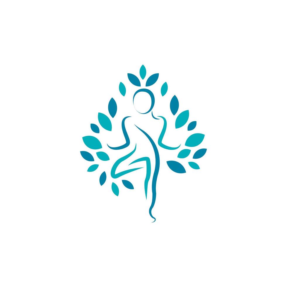 silhouette féminine linéaire avec des feuilles vertes pour l'élément de modèle de conception de logo vectoriel fitness et bien-être