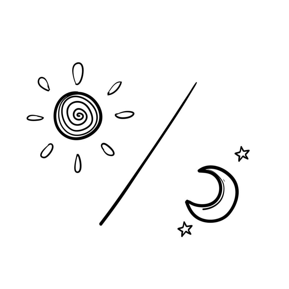 soleil et lune, jour et nuit, signe d'icône vecteur clair et sombre style doodle dessiné à la main isolé sur fond blanc.