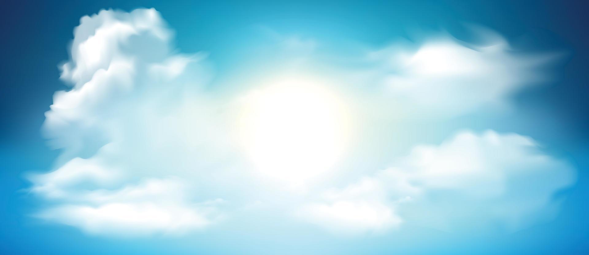 fond ensoleillé, ciel bleu avec nuages blancs et soleil vecteur