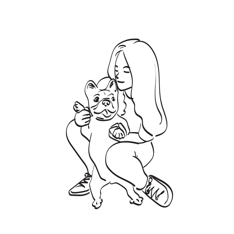 femme avec bulldog illustration vecteur dessiné à la main isolé sur fond blanc dessin au trait.