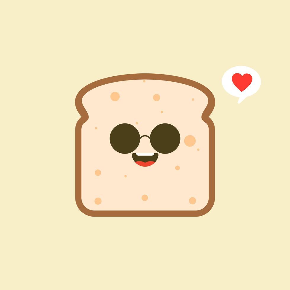 personnage de pain tranché mignon dessin animé drôle de vecteur isolé sur fond de couleur. mascotte d'étiquette de boulangerie. icône d'illustration de personnage de dessin animé plat vectoriel. toast, carte de bonjour, concept de petit-déjeuner