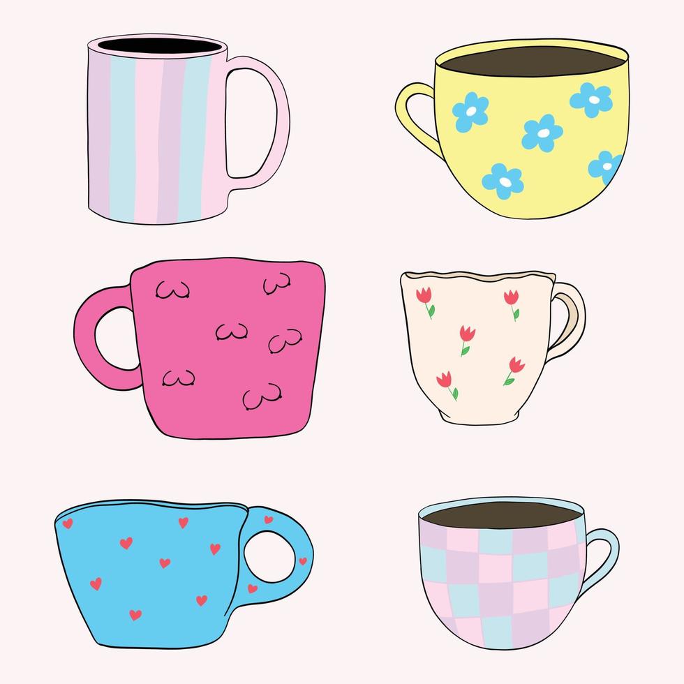 ensemble de tasses multicolores faites dans le même style. illustration vectorielle vecteur