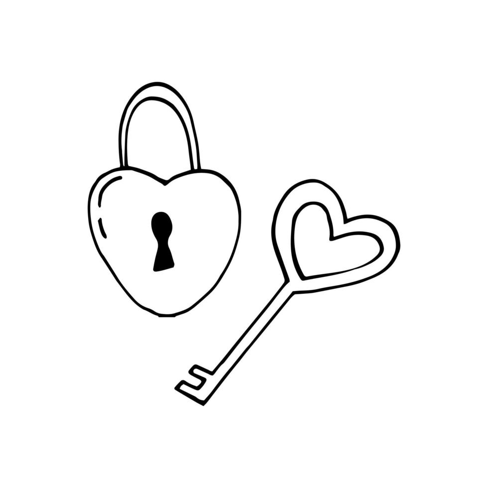 clé et serrure coeur doodle dessiné à la main. , scandinave, nordique, minimalisme. icône, autocollant. amour, mariage, saint valentin. vecteur