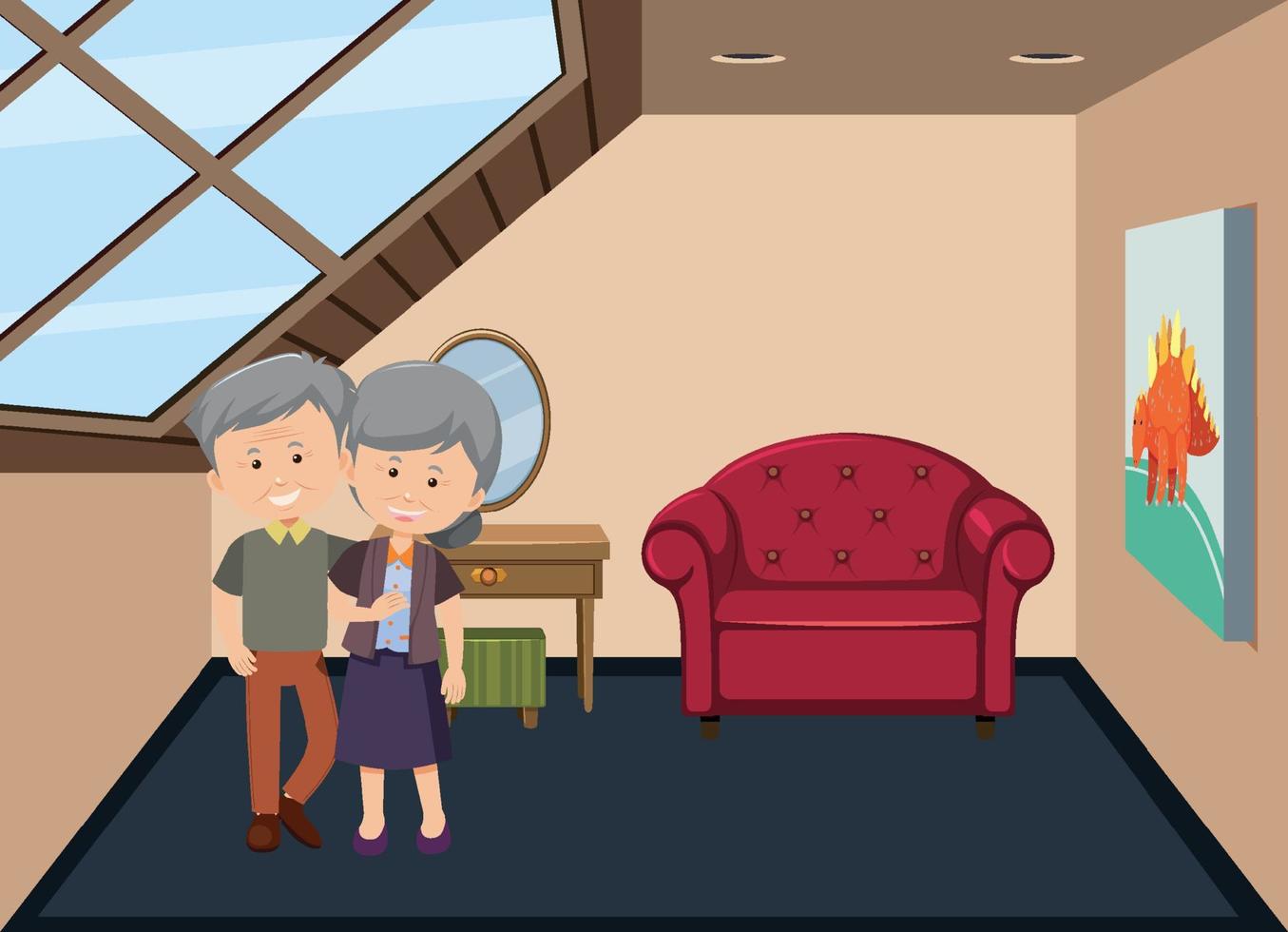 scène de chambre mansardée avec un vieux couple amoureux vecteur