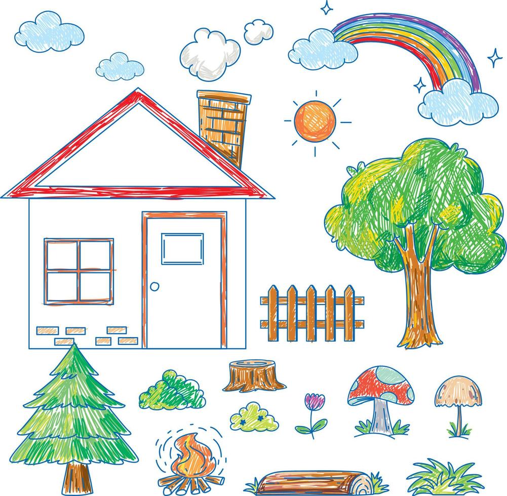 un papier avec un dessin de griffonnage de la maison et de l'arbre avec des couleurs vecteur
