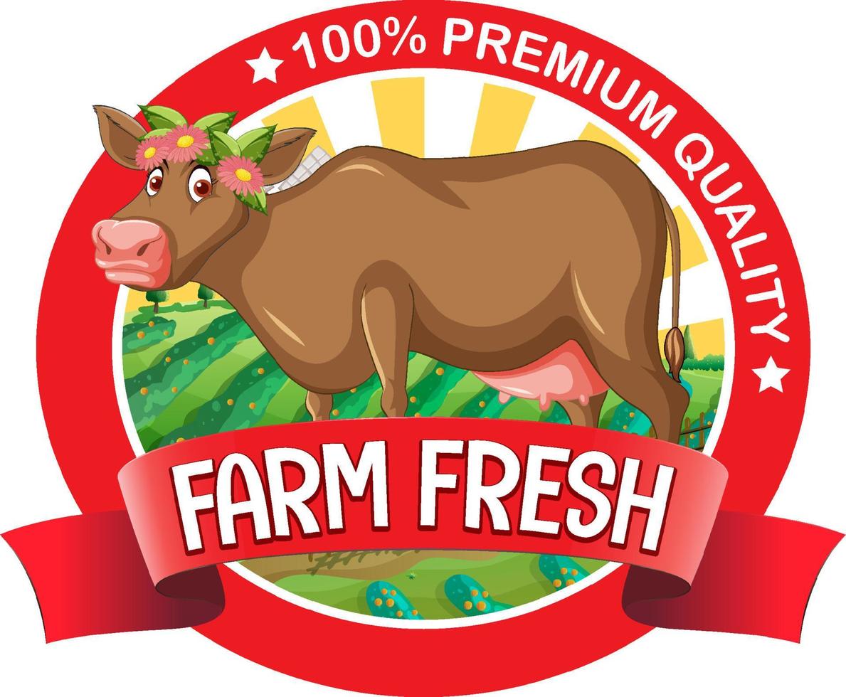 une vache avec une étiquette de produits frais de la ferme vecteur