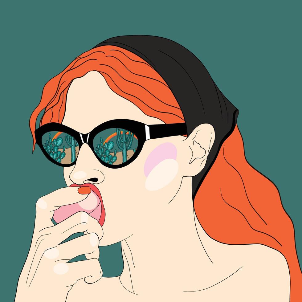 fille rousse avec un chapeau noir et des lunettes de soleil noires. la fille mange une pêche. reflet du désert en lunettes de soleil. vecteur