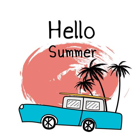 Bonjour illustration de vacances d&#39;été avec voiture et plantes tropicales. vecteur