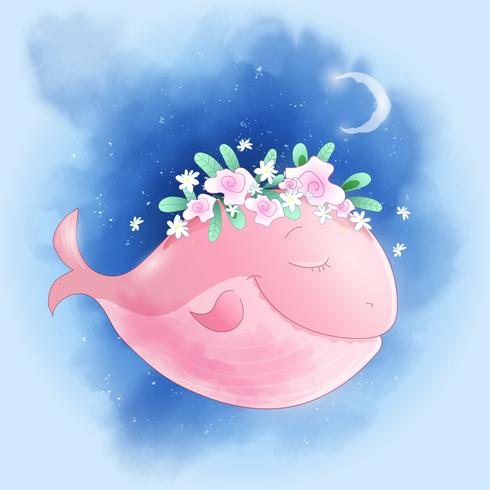 Baleine de dessin animé mignon dans le ciel avec affiche imprimée carte postale maison roses pour la chambre des enfants. vecteur