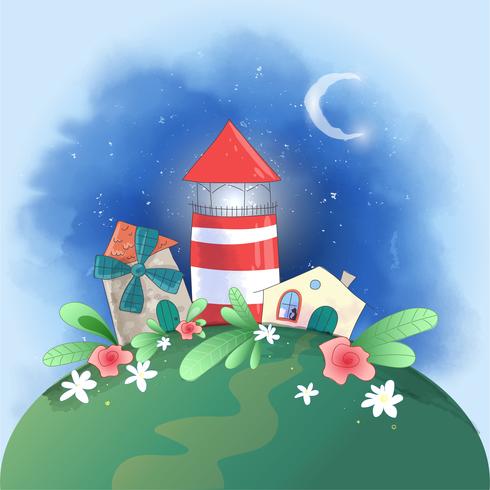 Dessin animé mignon phare de la petite ville, moulin et maison avec des fleurs, affiche carte postale pour la chambre des enfants. vecteur
