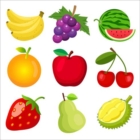 et de la collection d&#39;icônes mignonnes de 9 fruits plats de couleur isolée sur fond blanc pour les enfants qui apprennent les mots anglais et le vocabulaire. Illustration vectorielle vecteur