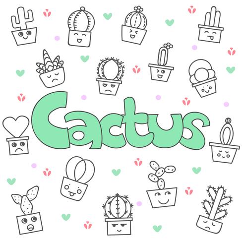 Ensemble de cactus mignon doodle dessiné à la main vecteur