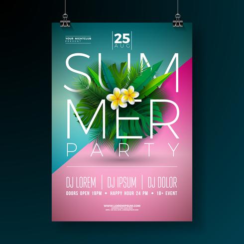 Vector Summer Party Flyer Design avec fleurs et palmiers tropicaux feuilles sur fond bleu et rose Illustration de vacances d&#39;été avec plantes exotiques et lettre de typographie