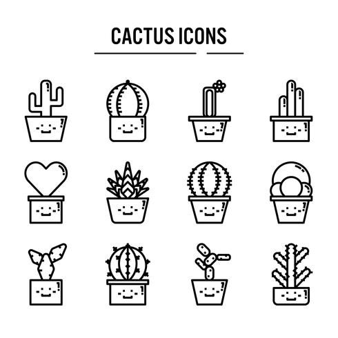 Cactus icon set in contour design vecteur