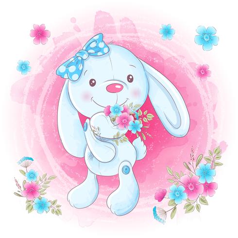 Fille mignonne de lapin de dessin animé avec des fleurs. Illustration vectorielle vecteur