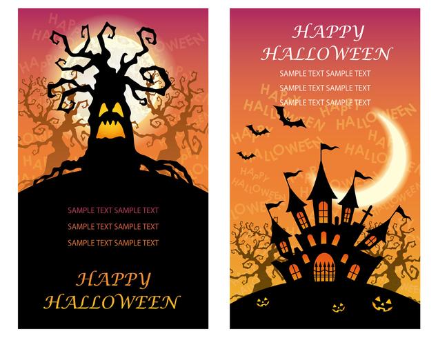 Ensemble de deux modèles de carte de voeux Happy Halloween avec des arbres hantés et un manoir. vecteur