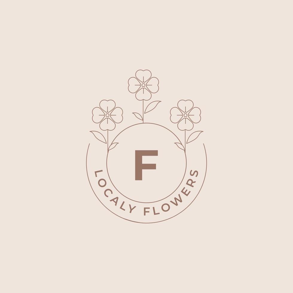 modèle de conception d'emblème de logos de fleurs de lettre f avec des plantes botaniques et des illustrations vectorielles de pétales style d'art en ligne minimal. symboles de contour pour les cosmétiques et les emballages ou la marque de produits floraux vecteur