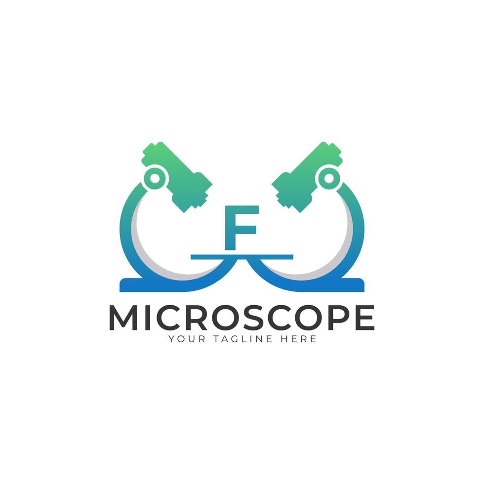 logo du laboratoire. lettre initiale f élément de modèle de conception de logo de microscope. vecteur