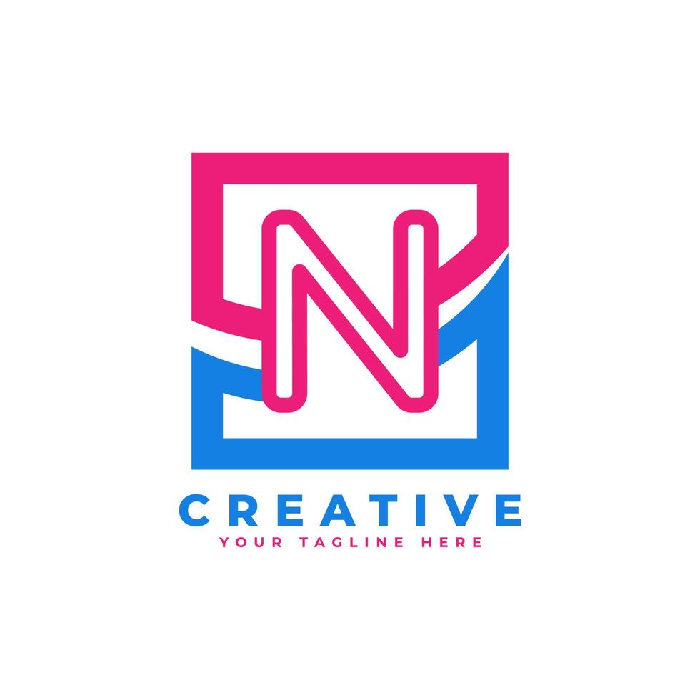 logo de la lettre n de la société avec un design carré et swoosh et un élément de modèle de vecteur de couleur rose bleu