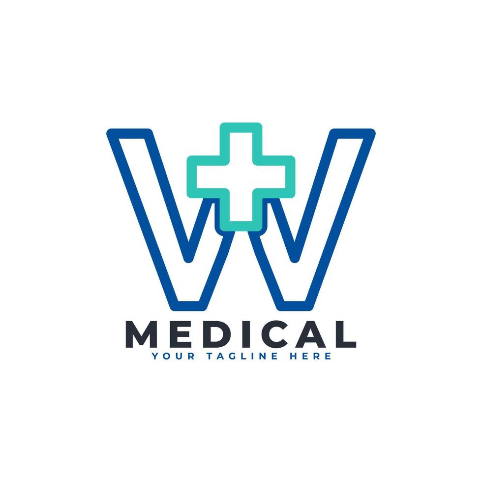 lettre w croix plus logo. style linéaire. utilisable pour les logos commerciaux, scientifiques, de soins de santé, médicaux, hospitaliers et naturels. vecteur