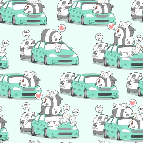 Panda kawaii sans soudure et les chats avec la voiture dans le modèle de vacances. vecteur